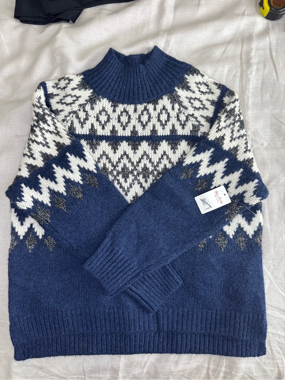 Lucky Brand Fair Isle Mock Neck Sweater Dark Blue Metallic NWT $129